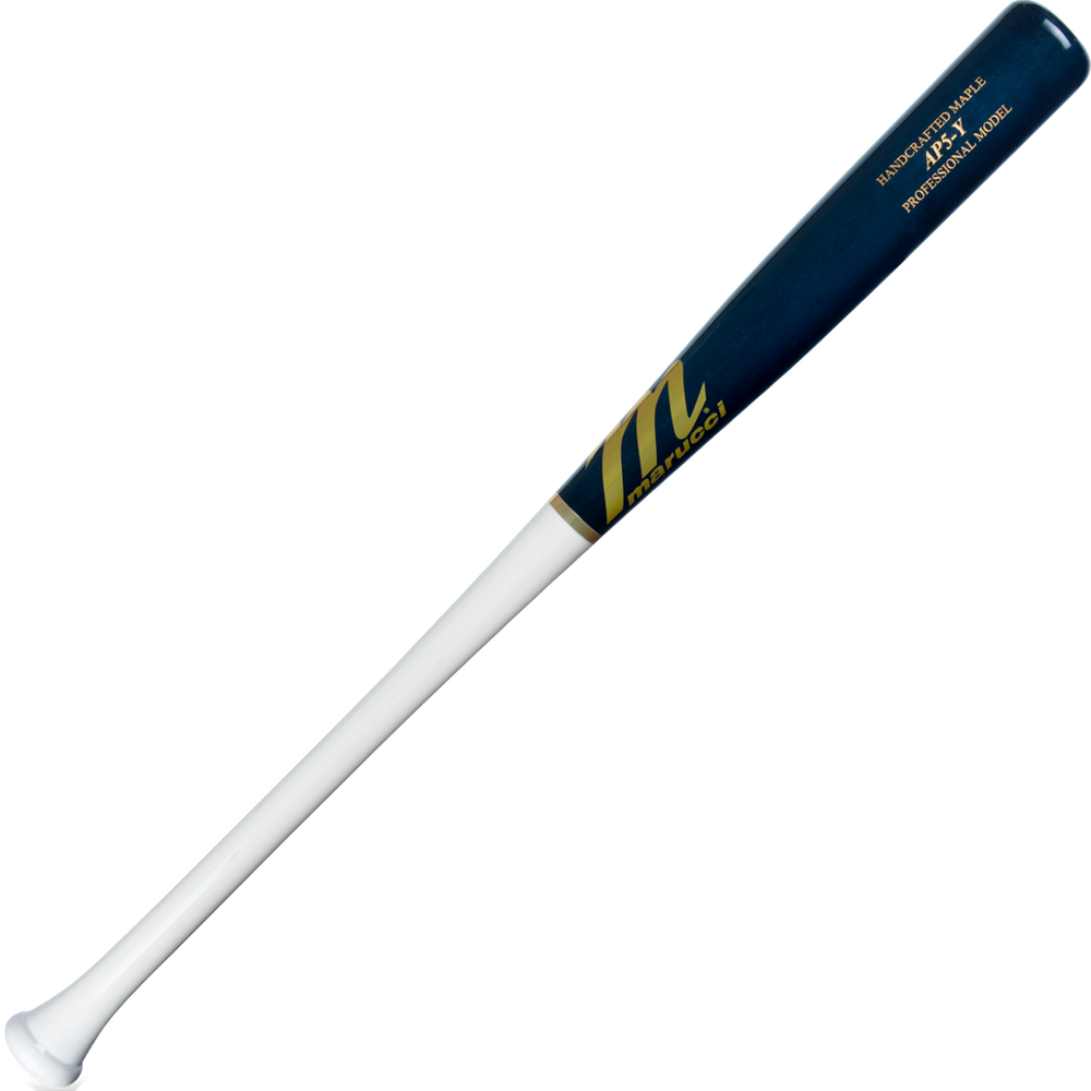 A Marucci AP5 Youth Pro Model Maple Wood Bat (MYVE4AP5) with a white handle, dark blue barrel, and gold accents—crafted for power hitters—displayed on a plain white background.