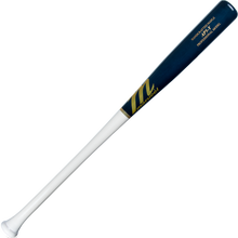 A Marucci AP5 Youth Pro Model Maple Wood Bat (MYVE4AP5) with a white handle, dark blue barrel, and gold accents—crafted for power hitters—displayed on a plain white background.
