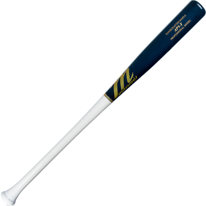 A Marucci AP5 Youth Pro Model Maple Wood Bat (MYVE4AP5) with a white handle, dark blue barrel, and gold accents—crafted for power hitters—displayed on a plain white background.
