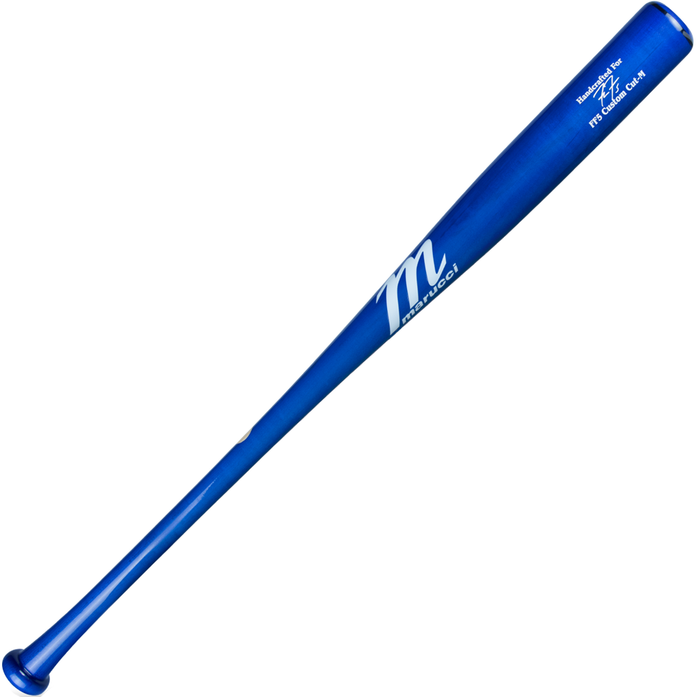 The Marucci FREEMAN5 Freddie Freeman Pro Exclusive Maple Wood Bat (MVE4FREEMAN5) is a blue, end-loaded bat with white Marucci branding and logo near the barrel, shown on a white background.
