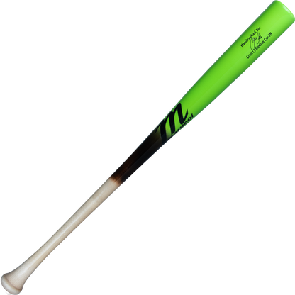 The Marucci LINDY12 Youth Pro Exclusive Maple Wood Bat (MYVE4LINDY12) features a natural wood handle, black midsection, bright green barrel, and is detailed with a black M logo and black text near the end.