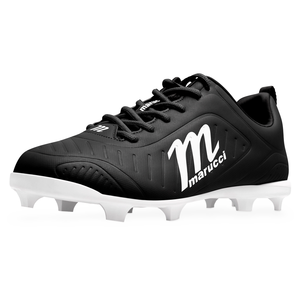 The Marucci FLT Youth Molded Cleats (MFWFLMY) are black and white baseball cleats featuring white laces, a prominent white M logo, and molded white studs. Displayed on a plain white background, these lightweight Marucci cleats are designed to provide comfort and optimal performance on the field.