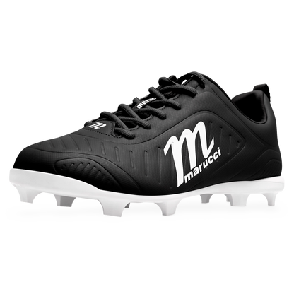 The Marucci FLT Youth Molded Cleats (MFWFLMY) are black and white baseball cleats featuring white laces, a prominent white M logo, and molded white studs. Displayed on a plain white background, these lightweight Marucci cleats are designed to provide comfort and optimal performance on the field.