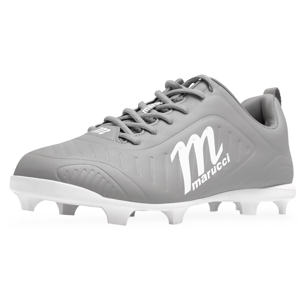 The Marucci FLT Youth Molded Cleats (MFWFLMY) in Gray-White feature white laces, a white Marucci logo on the side, and white molded soles, all displayed against a plain white background. These lightweight cleats by Marucci are crafted for young athletes who prioritize comfort and performance on the field.