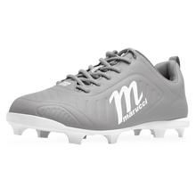 The Marucci FLT Youth Molded Cleats (MFWFLMY) in Gray-White feature white laces, a white Marucci logo on the side, and white molded soles, all displayed against a plain white background. These lightweight cleats by Marucci are crafted for young athletes who prioritize comfort and performance on the field.