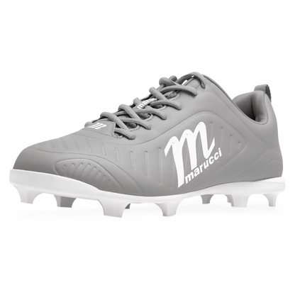 The Marucci FLT Youth Molded Cleats (MFWFLMY) in Gray-White feature white laces, a white Marucci logo on the side, and white molded soles, all displayed against a plain white background. These lightweight cleats by Marucci are crafted for young athletes who prioritize comfort and performance on the field.