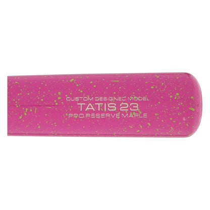 Close-up of the end-loaded Victus TATIS23 Fernando Tatis Pro Reserve Maple Wood Bat: VRWMFT23, in pink with light green speckles. Bat text reads: CUSTOM DESIGNED MODEL TATIS 23 PRO RESERVE MAPLE.