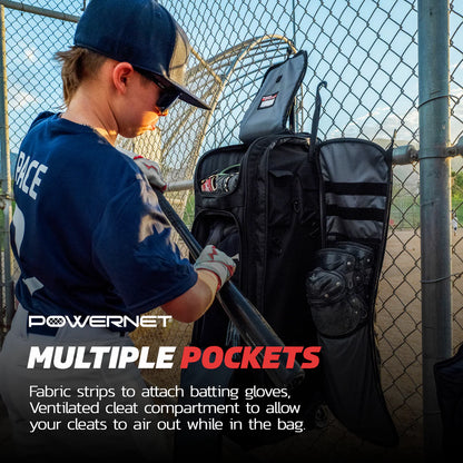 A young baseball player in blue puts on batting gloves next to a PowerNet Optimus Catcher's Gear Bag (B013-BK) with multiple compartments and ventilation, hanging from a fence. Text highlights the bag's pockets and airflow features.