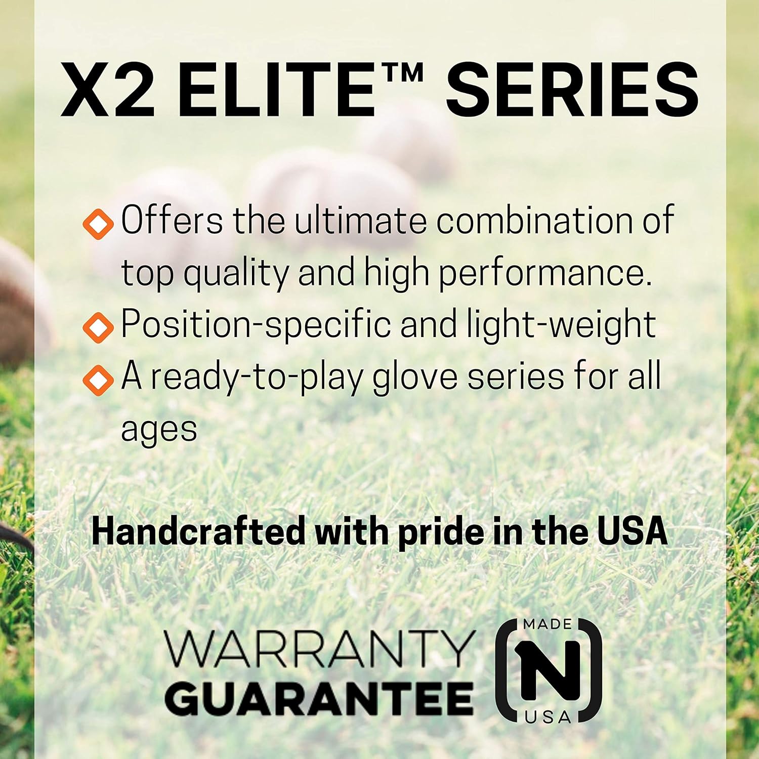 Promotional graphic for the X2 Elite Series gloves, highlighting top quality, high performance, lightweight design, and suitability for all ages. Text states “Handcrafted with pride in the USA” and includes warranty icons.