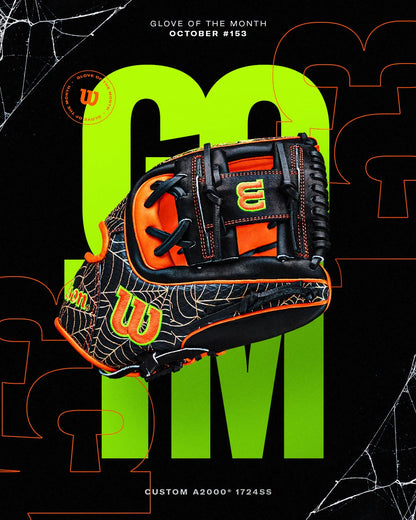 Wilson A2000 1720SS 11.5″ Baseball Glove - GOTM October 2026: WBG31001RT115 in black with orange accents and a white spiderweb pattern, centered over large GOTM text.