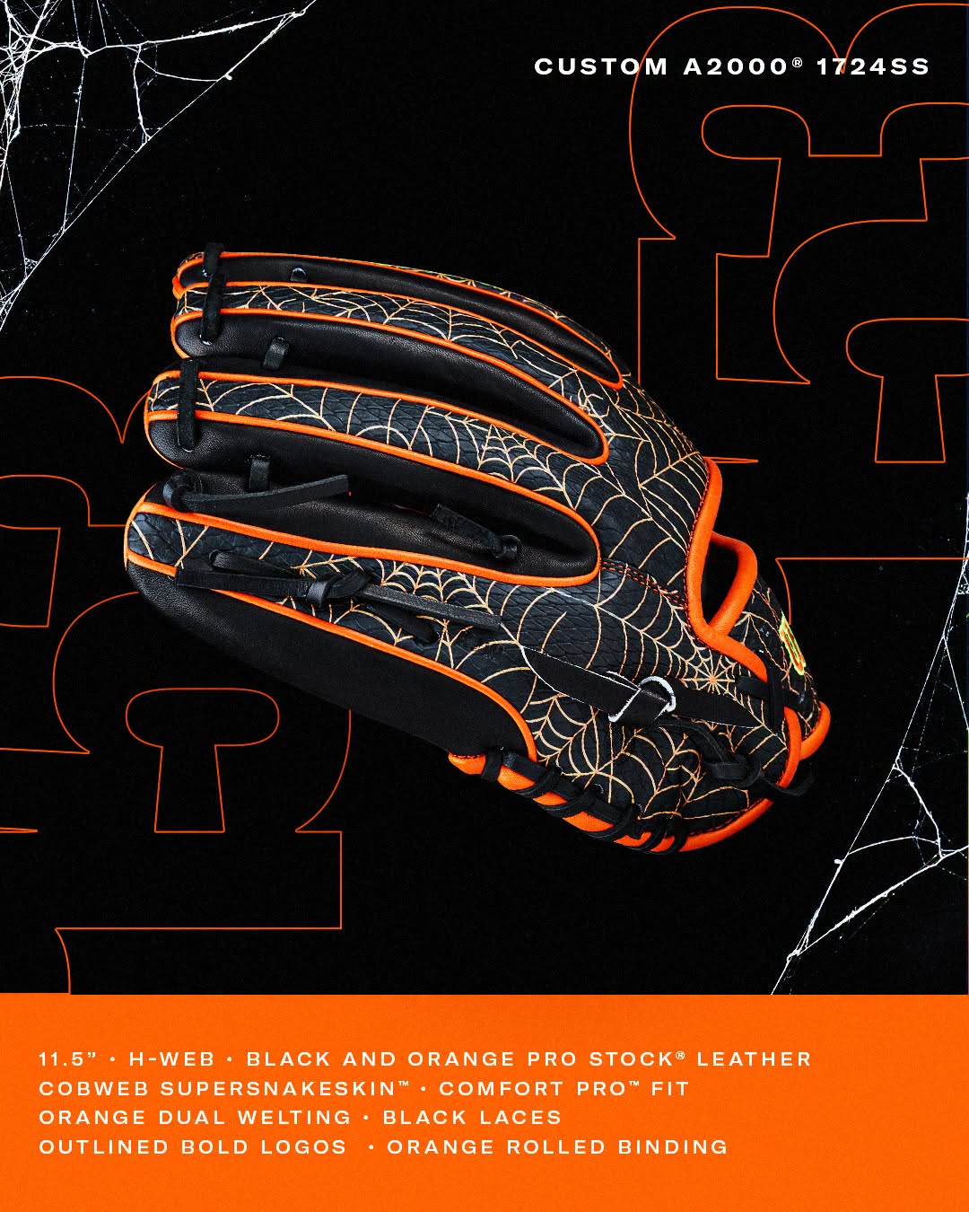Wilson A2000 1720SS 11.5″ Baseball Glove - GOTM October 2026: WBG31001RT115 in black with an orange spiderweb pattern, orange welting, and black laces against a black background with orange text specifications.