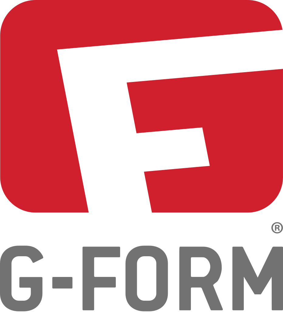 Red and white G-Form logo featuring a bold, stylized letter G in white on a red rectangular background, with G-FORM written in gray capital letters below.