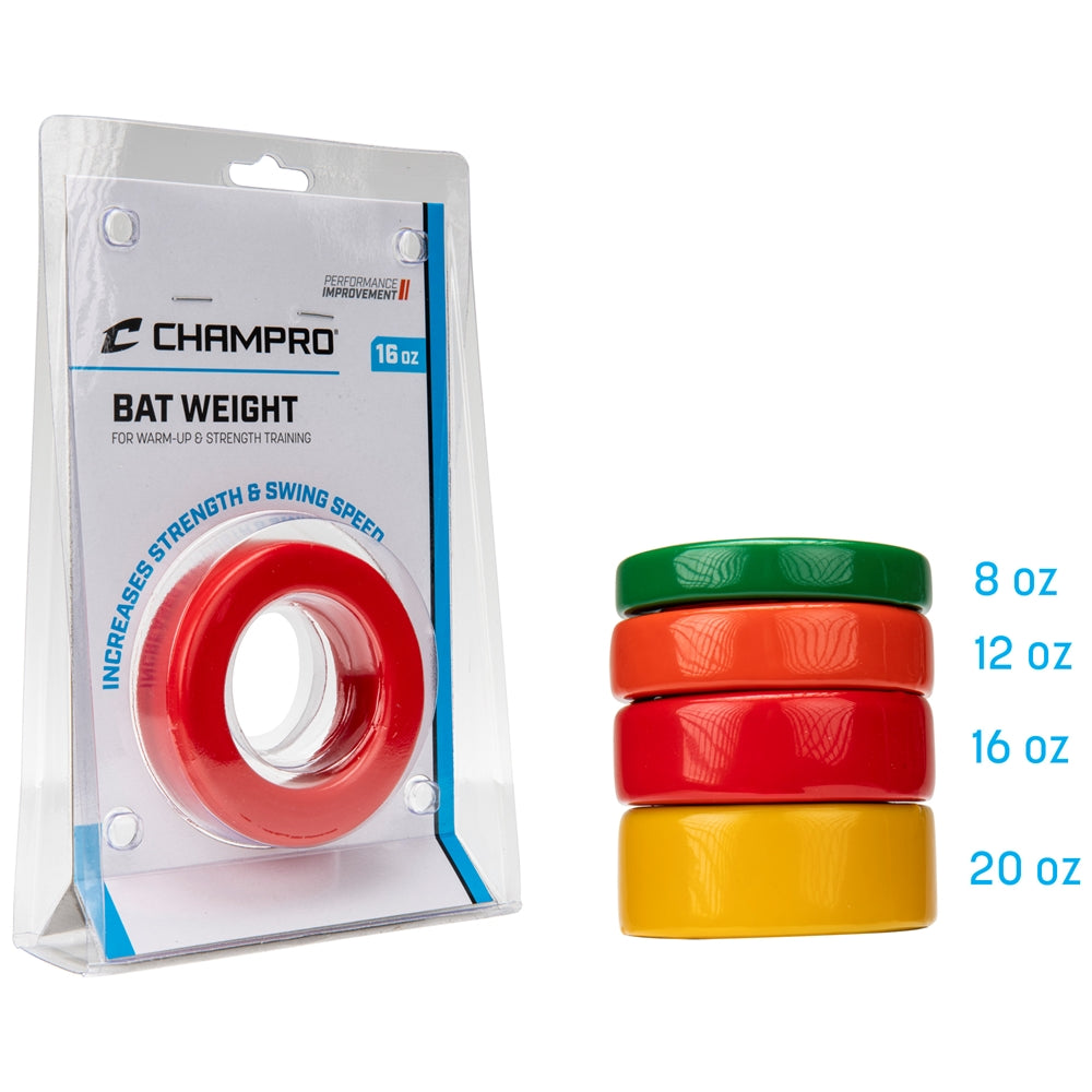 A Champro Sports Bat Weights: A014-A019 package stands by four colored bat weights—blue (8 oz), orange (12 oz), green (16 oz), yellow (20 oz)—ideal for batting warm-ups or building swing strength.