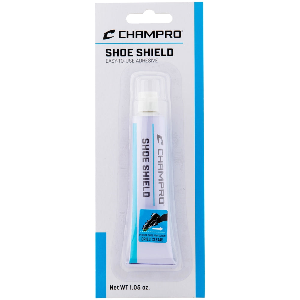 A 1.05 oz tube of Champro Sports Shoe Shield Foot Protection (A037) in white and blue, displayed vertically in clear plastic—ideal for fastpitch pitchers as a shoe protector.