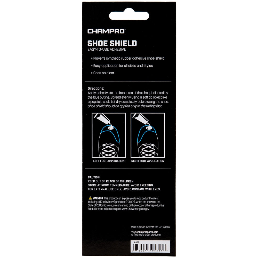 The back of the Champro Sports Shoe Shield Foot Protection A037 package features product details, left/right foot application instructions with diagrams for fastpitch pitchers, and safety cautions in white text on a black background.