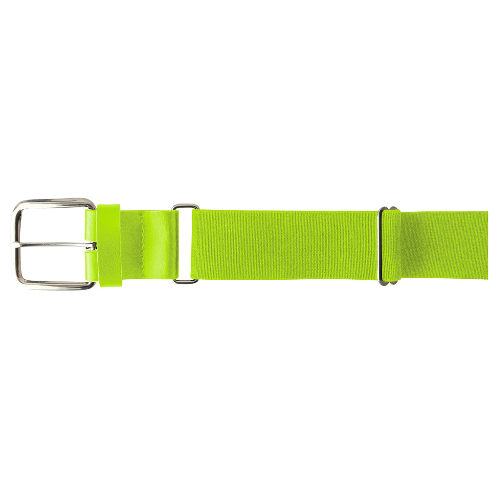 Shown laid flat on a white background, the Champro Sports MVP Baseball / Softball Belt (model A062) by Champro Sports features a bright green adjustable design with a silver buckle, metal loops, and a bonded leather tab.