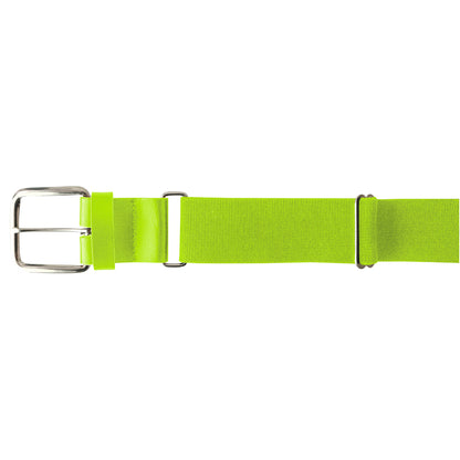 Shown laid flat on a white background, the Champro Sports MVP Baseball / Softball Belt (model A062) by Champro Sports features a bright green adjustable design with a silver buckle, metal loops, and a bonded leather tab.