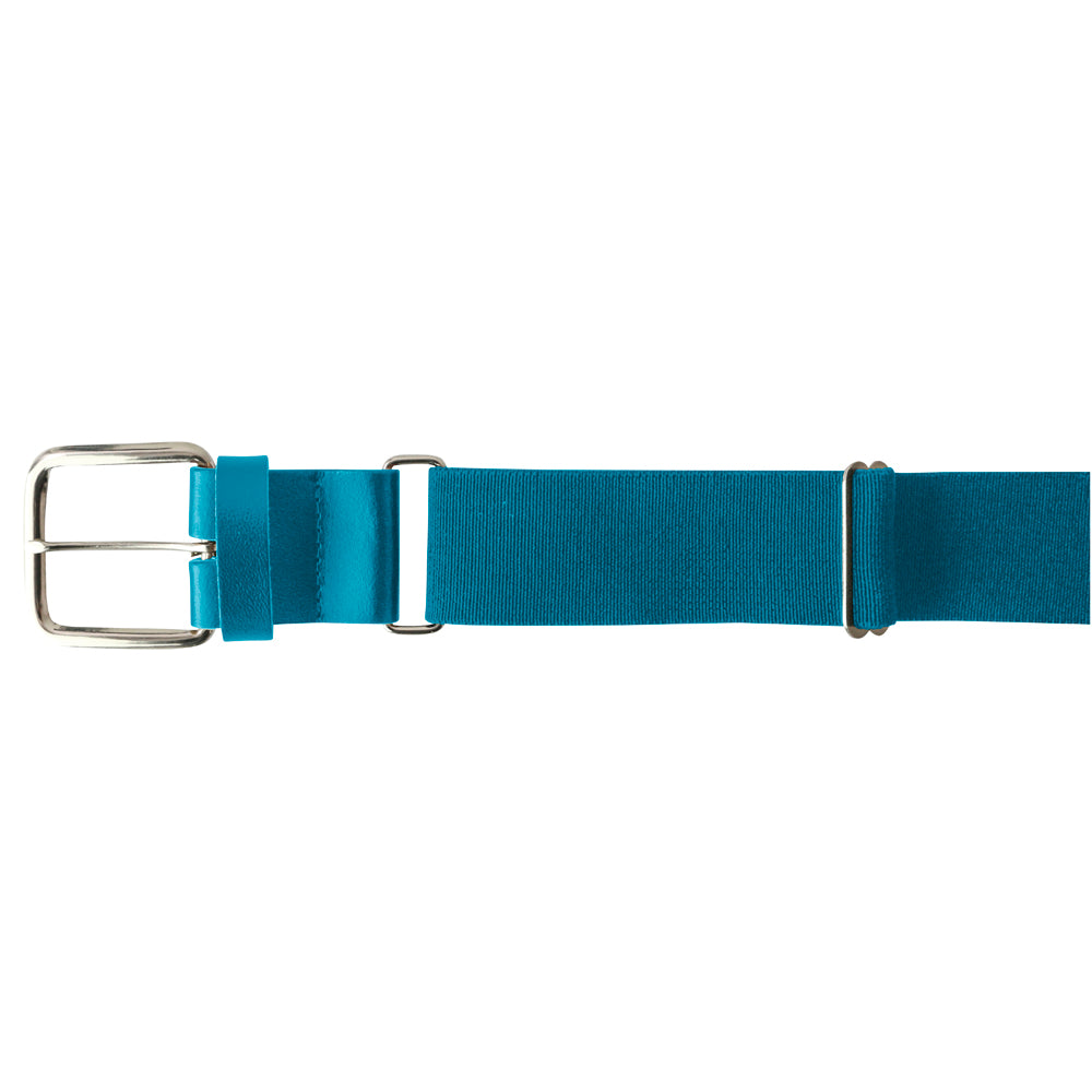 A Champro Sports MVP Baseball / Softball Belt (model A062) featuring blue fabric, an adjustable strap with a bonded leather tab, a silver rectangular stitched buckle, and two metal loops is displayed horizontally on a white background.