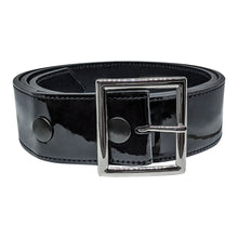 The Champro Sports Umpire Patent Leather 1 3/4" Belt (A071) features a wide, high-gloss finish with a large silver rectangular buckle and two black metal rivets, rolled up neatly against a white background.