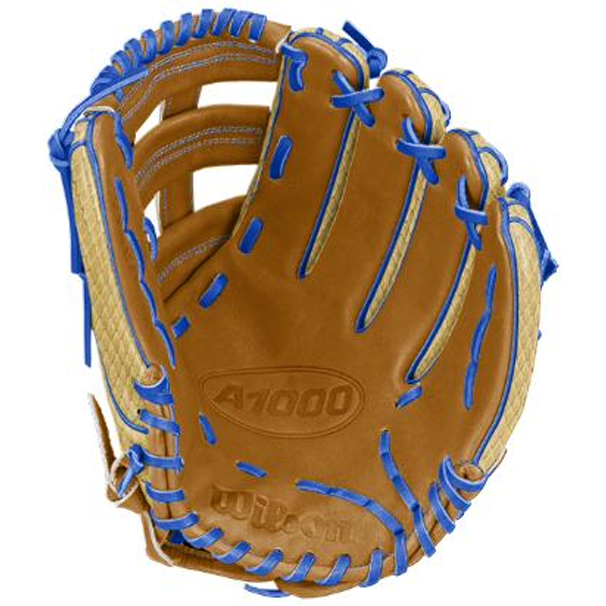 A Wilson A1000 1750 SHERIFF 12.5″ Baseball Glove (WBG25001RT125) by Wilson, designed for outfielders, features a brown full-grain leather construction with blue laces, yellow accents, and prominent stitching and webbing.