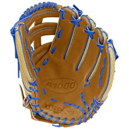 A Wilson A1000 1750 SHERIFF 12.5″ Baseball Glove (WBG25001RT125) by Wilson, designed for outfielders, features a brown full-grain leather construction with blue laces, yellow accents, and prominent stitching and webbing.