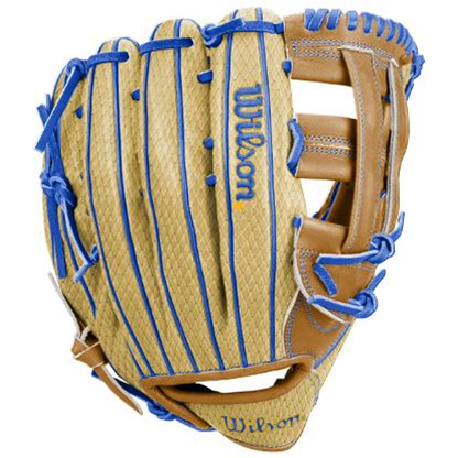 A Wilson A1000 1750 SHERIFF 12.5″ Baseball Glove (WBG25001RT125) is displayed against a white background, featuring tan and brown full grain leather with blue stitching and laces.