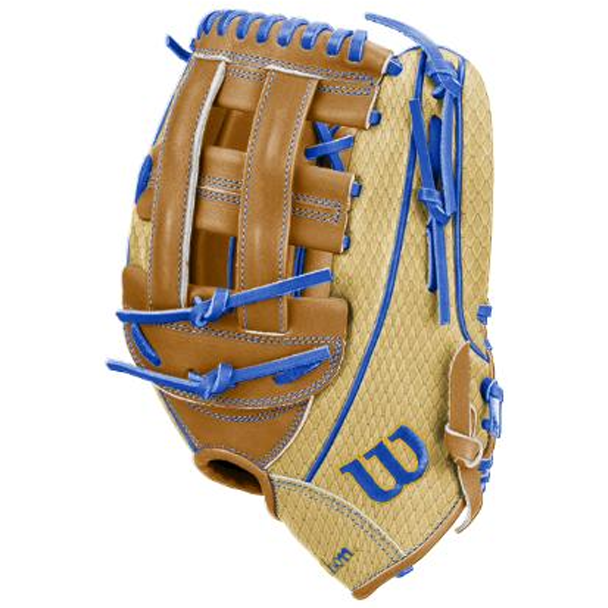 A tan and brown Wilson A1000 1750 SHERIFF 12.5″ Baseball Glove (WBG25001RT125) with blue laces and stitching features a woven pattern on the full grain leather and a blue W logo on the lower palm area.