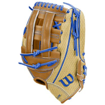 A tan and brown Wilson A1000 1750 SHERIFF 12.5″ Baseball Glove (WBG25001RT125) with blue laces and stitching features a woven pattern on the full grain leather and a blue W logo on the lower palm area.