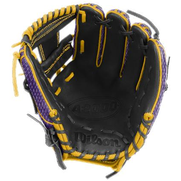 The Wilson A1000 1786 MAMBA 2.0 11.5″ Baseball Glove (WBG24701RT115) is a black glove with yellow and purple accents, showcasing the Wilson logo and “A1000” embossed inside the palm area, expertly crafted from premium full grain leather for outstanding durability and performance.