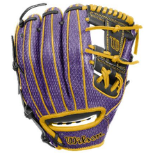 The Wilson A1000 1786 MAMBA 2.0 11.5″ Baseball Glove (WBG24701RT115) by Wilson features a striking combination of purple, gold, and black with diamond-pattern full-grain leather, gold lacing, and the signature Wilson logo on the wrist strap—making it an ideal choice for serious infielders.