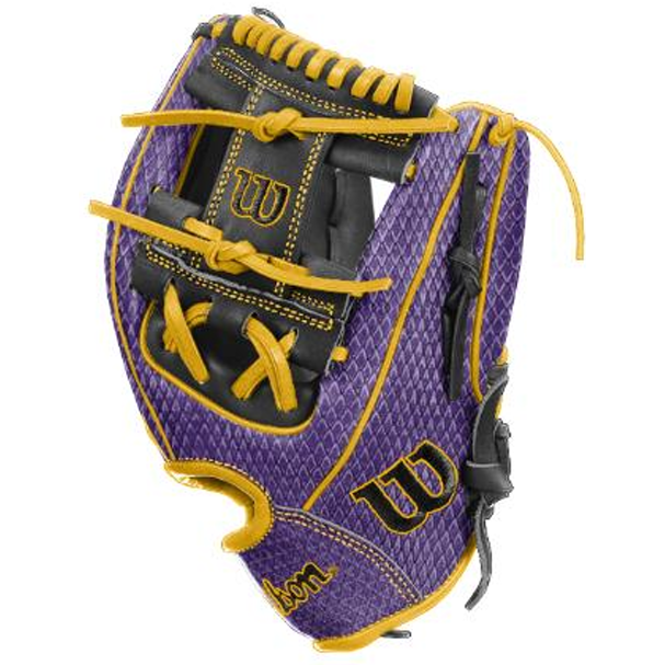 The Wilson A1000 1786 MAMBA 2.0 11.5″ baseball glove (WBG24701RT115) features a striking purple and black design with yellow laces and accents, prominently displaying the Wilson logo on both the palm and wrist areas. Crafted from durable full grain leather, this Wilson glove delivers style and top-tier performance for serious infield players.