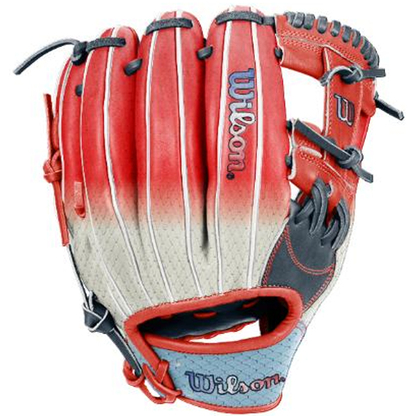 A red, white, and gray Wilson A1000 1787 FREEBIRD 2.0 11.75″ Baseball Glove (WBG26501RT1175) featuring black laces and the Wilson logo on both the wrist strap and back of the hand, expertly crafted from durable Full Grain leather for lasting performance.