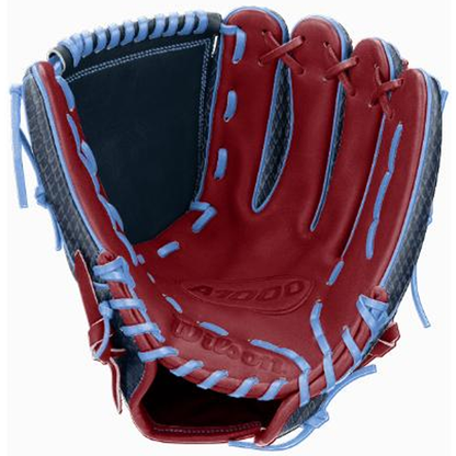 A Wilson A1000 B23 GENO 12″ baseball glove (WBG26601RT12) in red and black with blue laces, displayed open with the palm facing up. The interior of this Wilson pitcher’s glove features the brand name stamped into the leather.