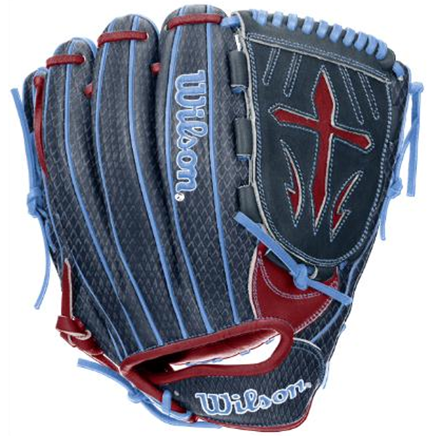 A Wilson A1000 B23 GENO 12″ Baseball Glove (WBG26601RT12) featuring blue and red accents, light blue laces, and a red cross design on the back. The Wilson logo appears on both the thumb and wrist strap.