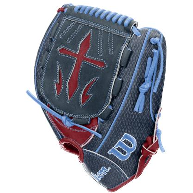 The Wilson A1000 B23 GENO 12″ Baseball Glove (WBG26601RT12) by Wilson is a blue and red glove featuring a stylized red cross design on the pocket, blue lacing, and the Wilson logo stitched in white on the thumb—an ideal choice for pitchers looking for a glove that excels in both style and performance.