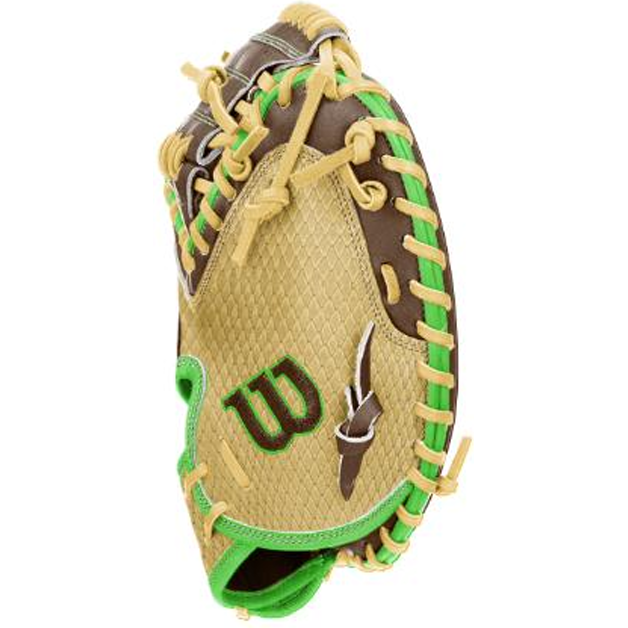 A tan and brown Wilson A1000 CM33 DUBAI 33″ Catcher’s Mitt (WBG25101RT33) featuring green and yellow laces, a green Wilson “W” logo, and a feather patch on the side.