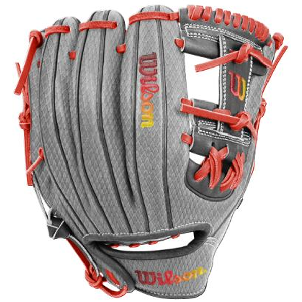 The Wilson A1000 DP15 FIREBIRD 11.5″ Baseball Glove (WBG24601RT115) by Wilson is shown from the palm side, displaying an open web design, a gray color with red laces, and distinctive yellow Wilson branding. Featuring Pedroia Fit technology inspired by Pro Stock models, this glove offers a superior fit and performance.