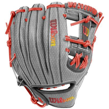 The Wilson A1000 DP15 FIREBIRD 11.5″ Baseball Glove (WBG24601RT115) by Wilson is shown from the palm side, displaying an open web design, a gray color with red laces, and distinctive yellow Wilson branding. Featuring Pedroia Fit technology inspired by Pro Stock models, this glove offers a superior fit and performance.