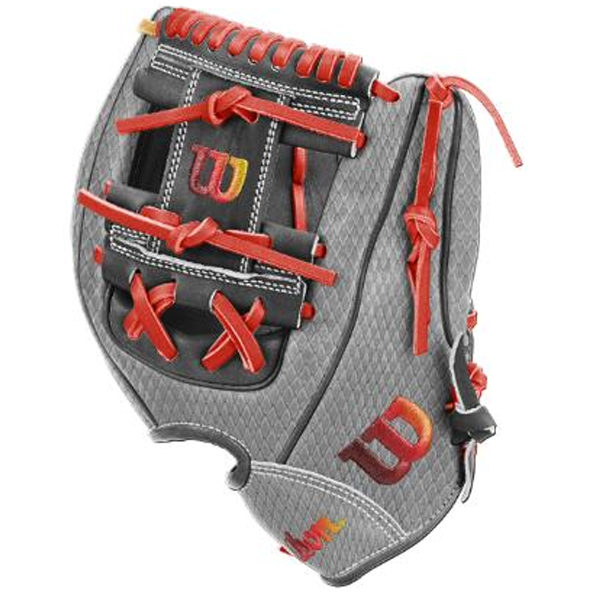 A Wilson A1000 DP15 FIREBIRD 11.5″ Baseball Glove (WBG24601RT115) in gray with red lacing and a vibrant W logo, designed with Pedroia Fit technology for a snug, comfortable feel, is displayed against a white background.
