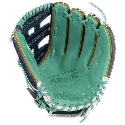 A Wilson A1000 DW5 LIBERTY 12″ baseball glove (WBG24901RT12) by Wilson, shown open with the palm facing up, crafted from Full Grain leather with a teal and black design, white laces, yellow accents, and featuring a Dual Post Web.