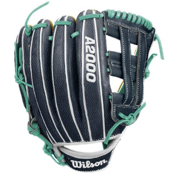 A dark blue Wilson A1000 DW5 LIBERTY 12″ baseball glove crafted from full-grain leather, with teal laces and white stitching, featuring a Dual Post Web and shown upright with the palm facing away.