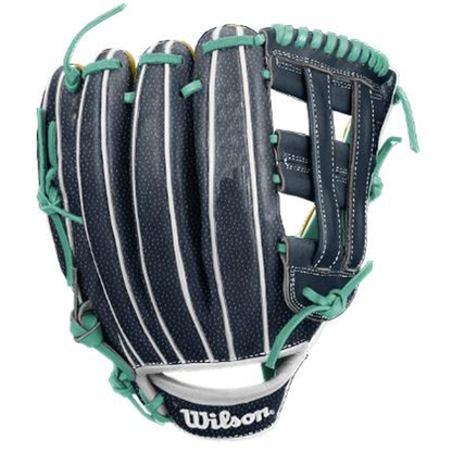 A Wilson A1000 DW5 LIBERTY 12″ Baseball Glove (WBG24901RT12) in black and teal with white stitching, featuring an open web design and crafted from Full Grain leather, is shown palm side up.