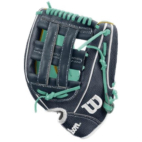 The Wilson A1000 DW5 LIBERTY 12″ Baseball Glove (WBG24901RT12) by Wilson is displayed against a white background. This infield glove features a dark blue and teal color scheme with white stitching and laces, is crafted from premium Full Grain leather, and showcases a Dual Post Web design along with a prominent W logo and the brand name “Wilson” on the thumb area.