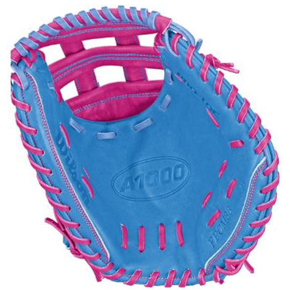 Wilson A1000 FPCM33 MOMENTUM 33″ Fastpitch Catcher’s Mitt by Wilson, featuring a blue design with pink laces and accents and “A1000” and “FPCM33” embossed on the leather.