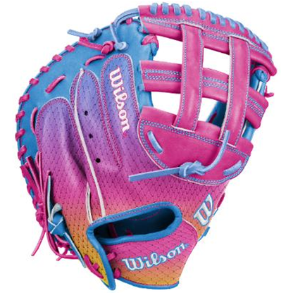 The Wilson A1000 FPCM33 MOMENTUM 33″ Fastpitch Catcher’s Mitt (WBG25301RT33) is a vibrant and stylish catcher’s mitt made from durable Full Grain leather, featuring eye-catching pink, blue, and yellow gradient colors with visible stitching and the Wilson logo on the thumb. With a 33” circumference, this mitt provides both outstanding performance and flair on the field.