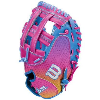 Introducing the Wilson A1000 FPCM33 MOMENTUM 33″ Fastpitch Catcher’s Mitt (WBG25301RT33): a vibrant mitt featuring a 33” circumference and a striking pink, blue, and yellow gradient design with blue laces and the iconic “W” on the palm. Expertly crafted from durable Full Grain leather, this Wilson glove delivers eye-catching style and reliable performance game after game.