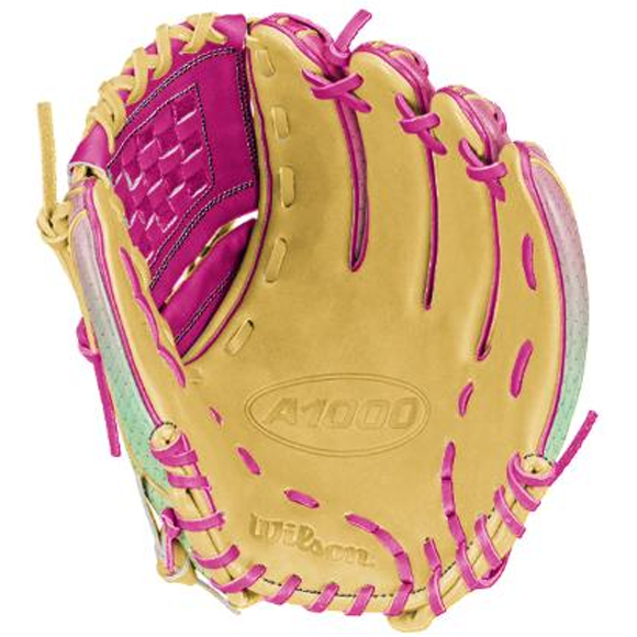 A Wilson A1000 P12 SUNSET 12″ fastpitch glove by Wilson featuring a tan design with pink lacing, pink webbing, and pastel green accents on the sides.