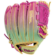 The Wilson A1000 P12 SUNSET 12″ Fastpitch Glove (WBG25201RT12) by Wilson features a vibrant pink, green, and yellow gradient design with yellow stitching and pink lacing. This 12” glove showcases the Wilson logo in yellow on both the outer side and the wrist strap.