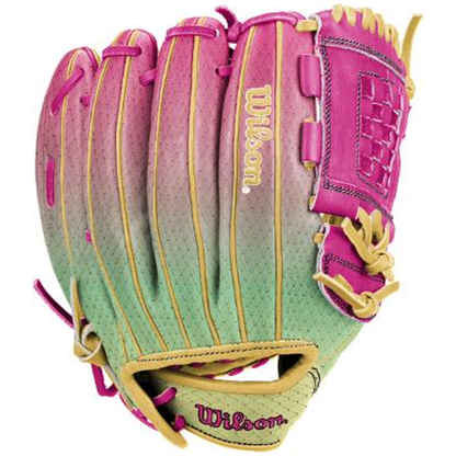 The Wilson A1000 P12 SUNSET 12″ Fastpitch Glove (WBG25201RT12) by Wilson features a vibrant pink, green, and yellow gradient design with yellow stitching and pink lacing. This 12” glove showcases the Wilson logo in yellow on both the outer side and the wrist strap.