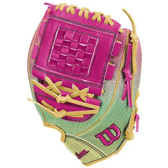 The Wilson A1000 P12 SUNSET 12″ Fastpitch Glove (WBG25201RT12) by Wilson features a vibrant design with pink, yellow, and light green shades, yellow laces, and the Wilson logo stitched in pink on the thumb.